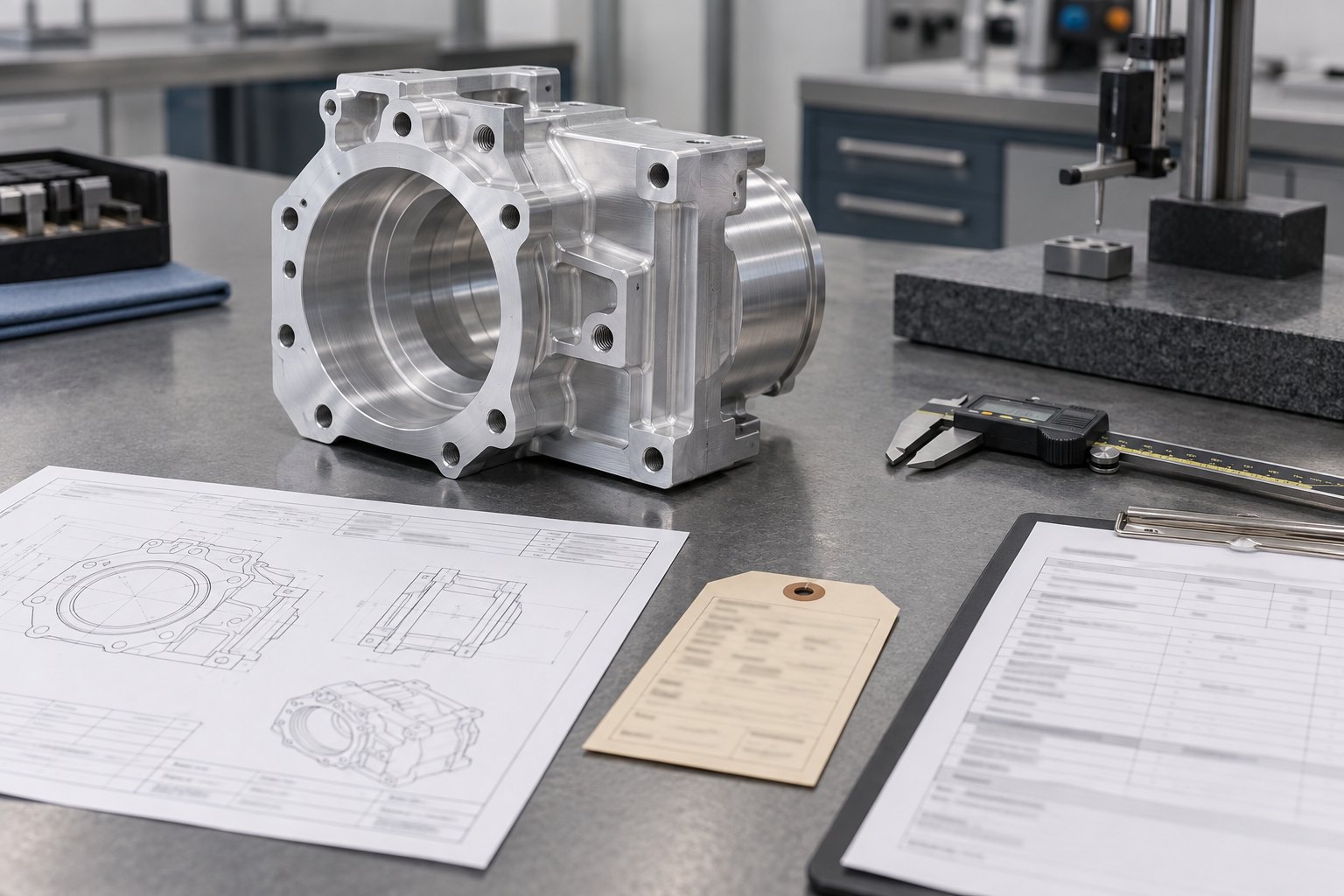 CNC services audit evidence arranged around a machined aluminum housing