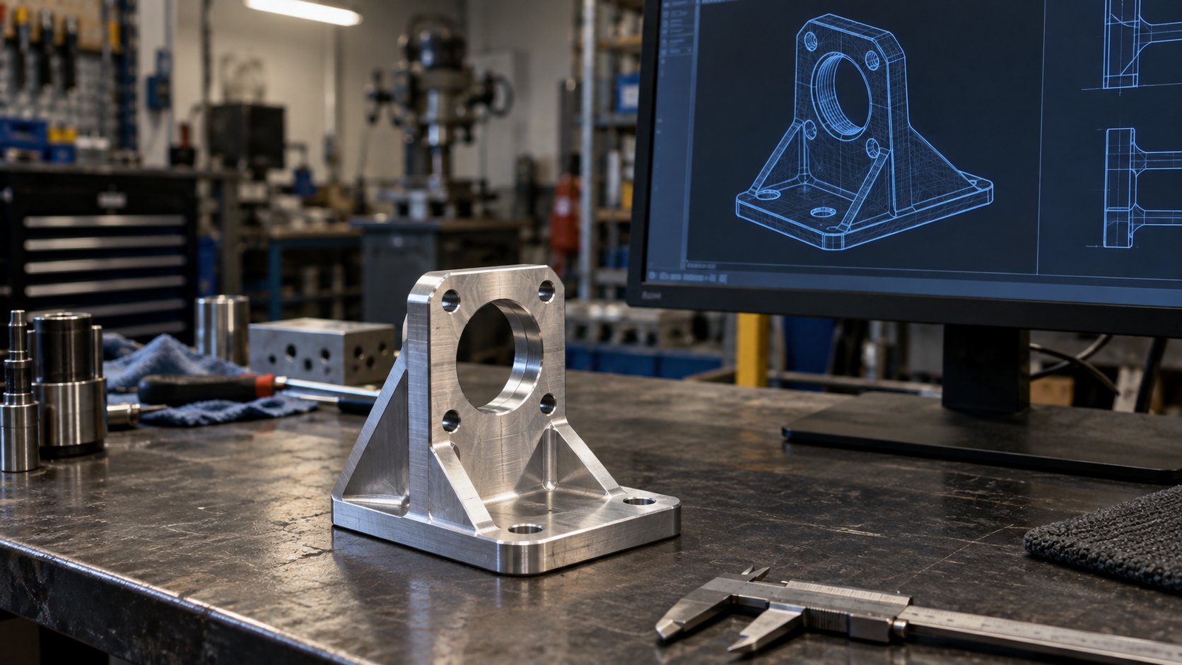 STEP file wireframe of a machined bracket beside the finished aluminum part on a workbench
