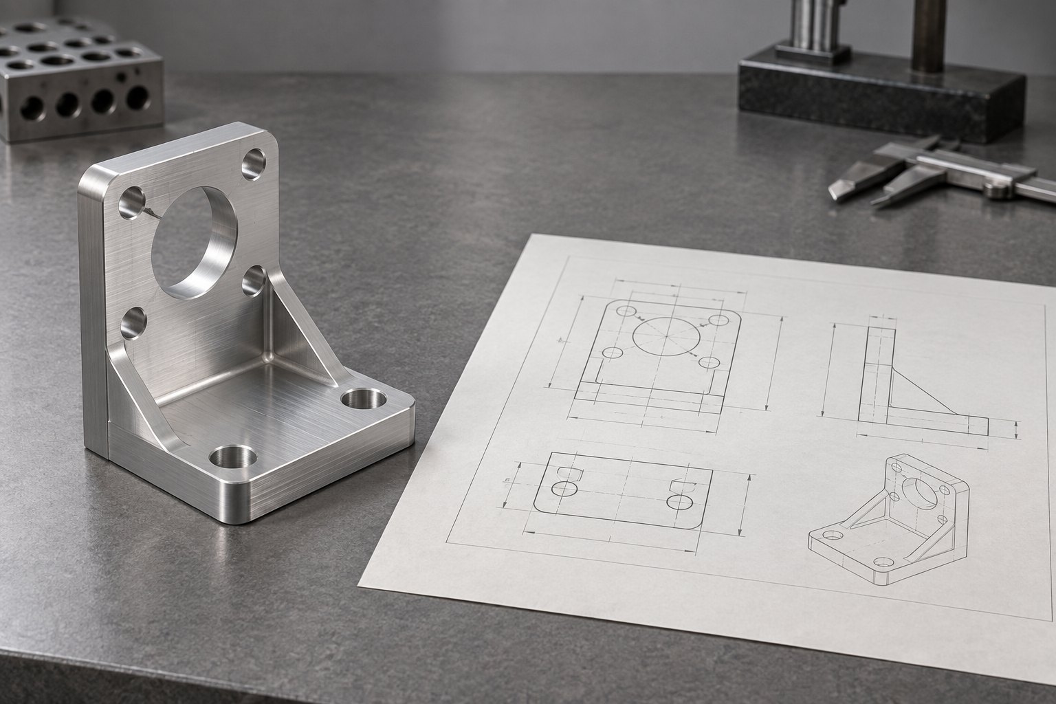 CNC quote ISO 2768 drawing review beside a machined aluminum part