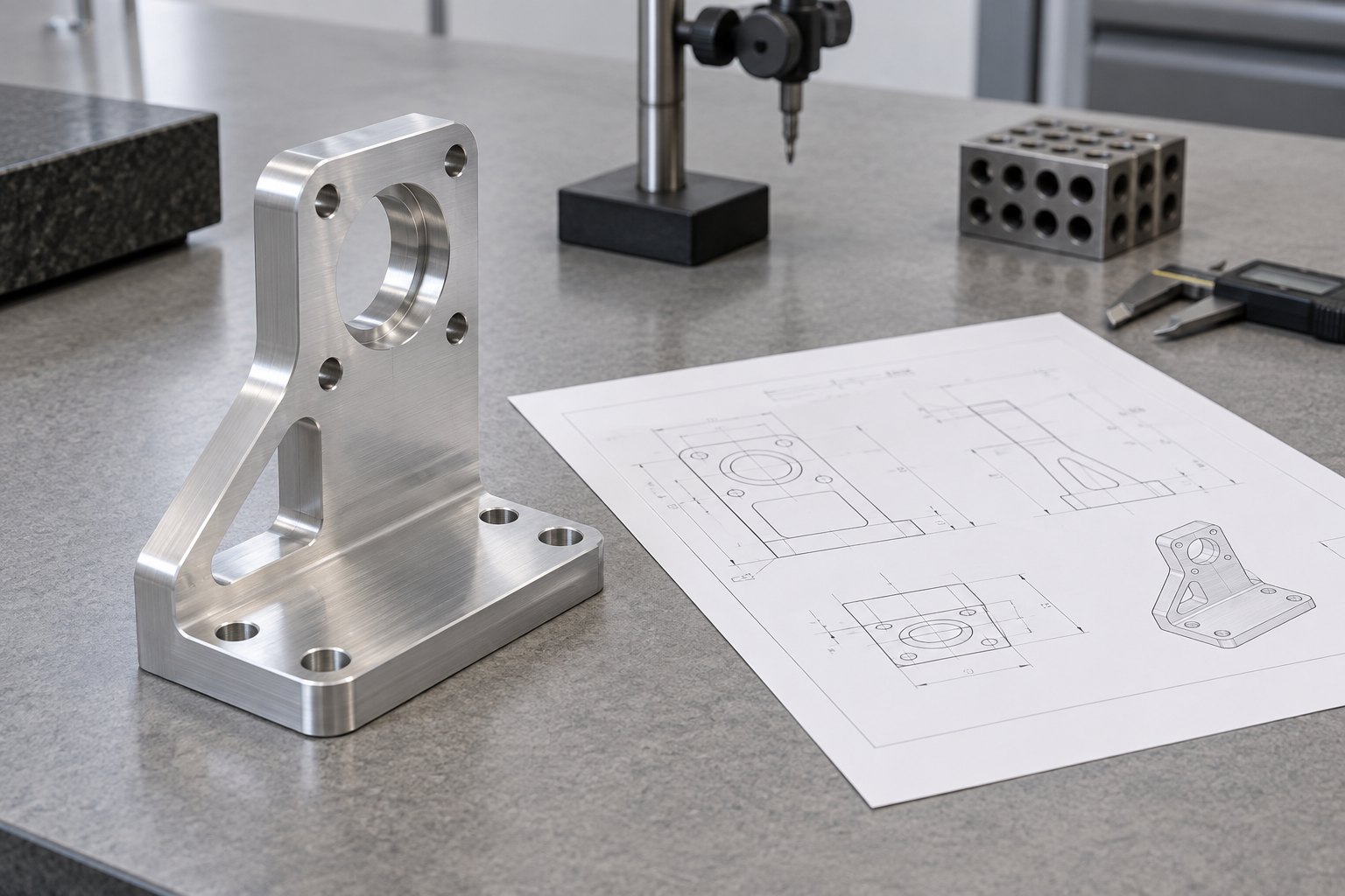 CNC quote inspection report beside a machined aluminum part